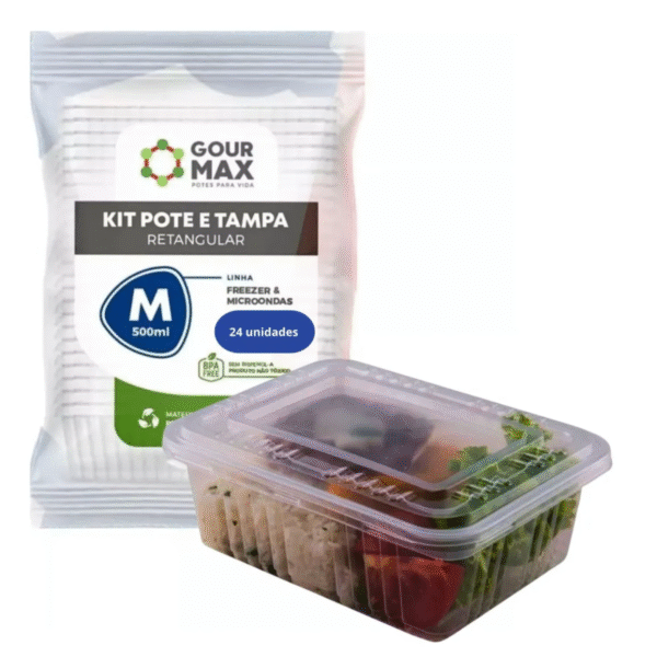 Pote Retangular 500ml com Tampa – Marmita, Freezer e Micro-ondas – Descartável e Reforçado C/ 24 unidades